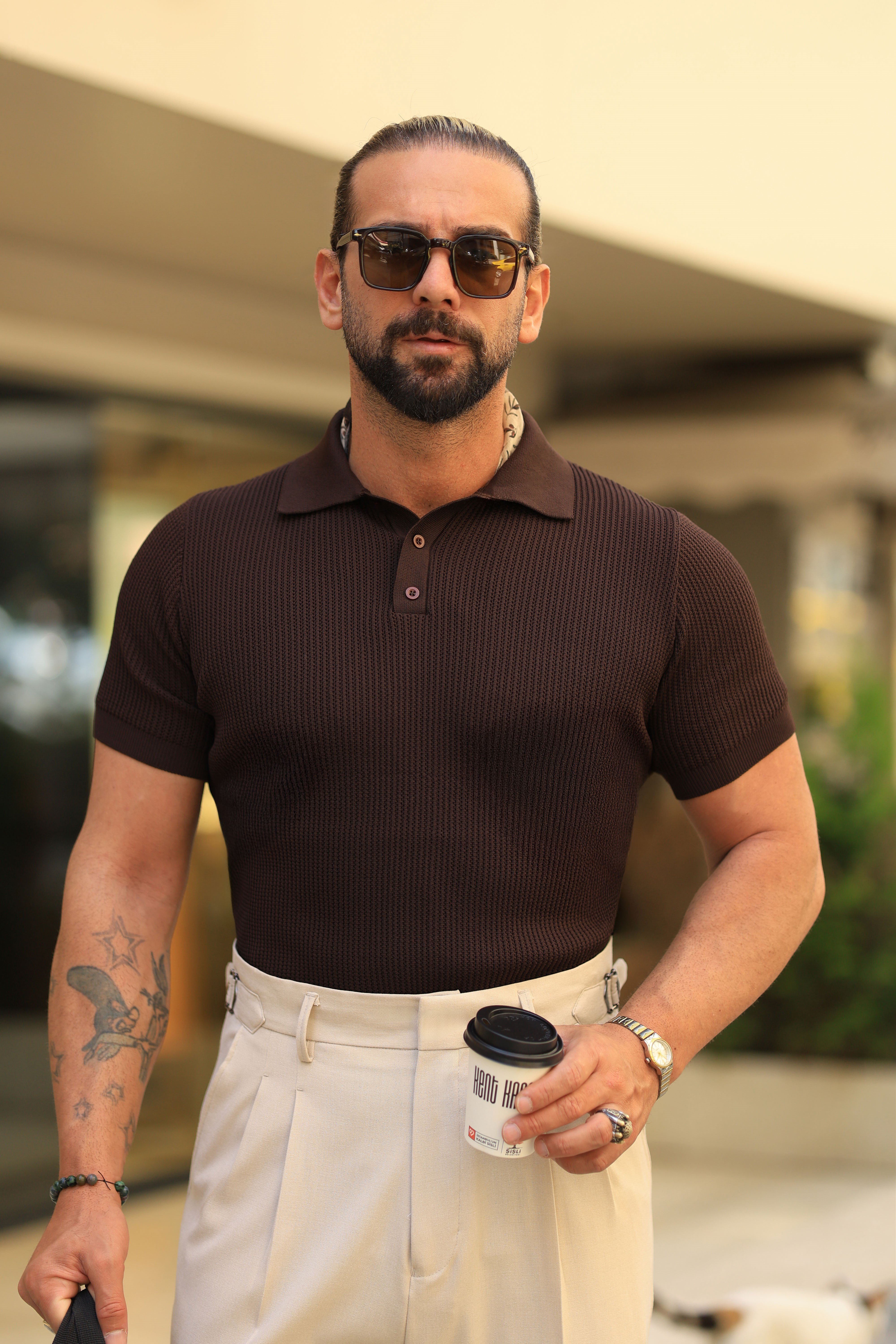 Premium Kalite Kahverengi Dokulu Polo Yaka Triko