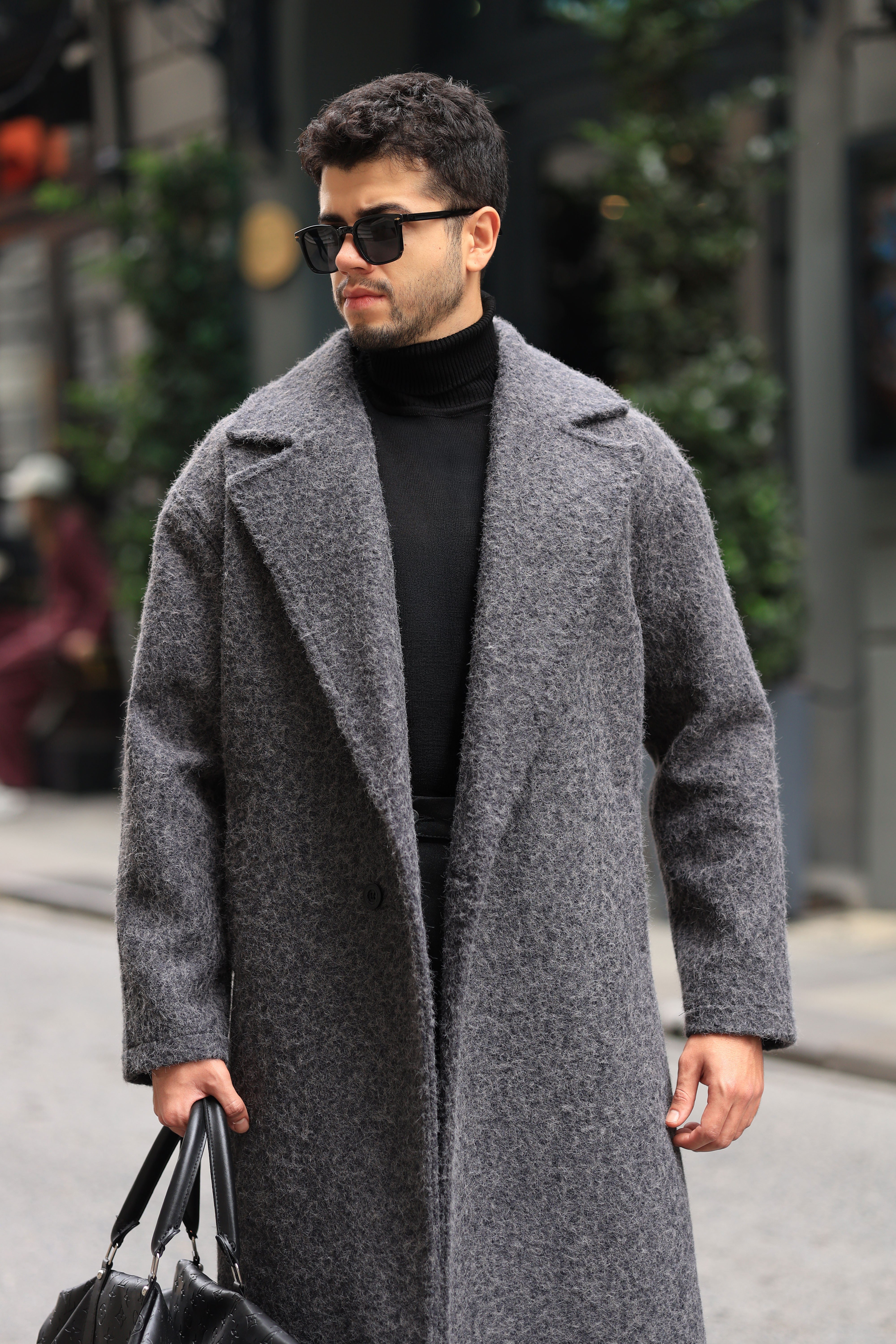 Premium Kalite Antrasit %60 Yün %40 Pamuk Oversize Tek Düğme Detay Kaban