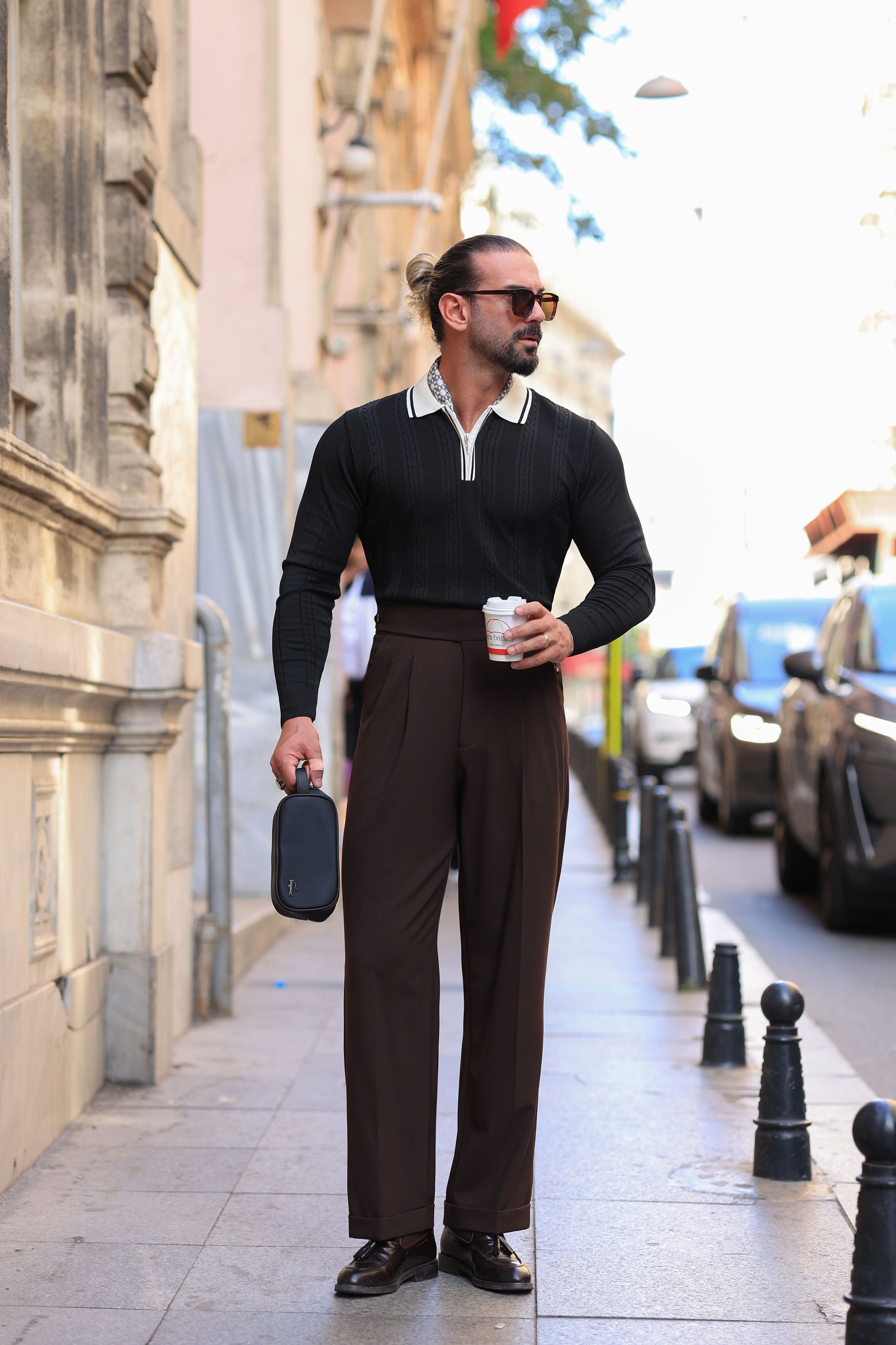 Premium Kalite Kahverengi Yandan Kemer Detay Double Paça Baggy Pantolon