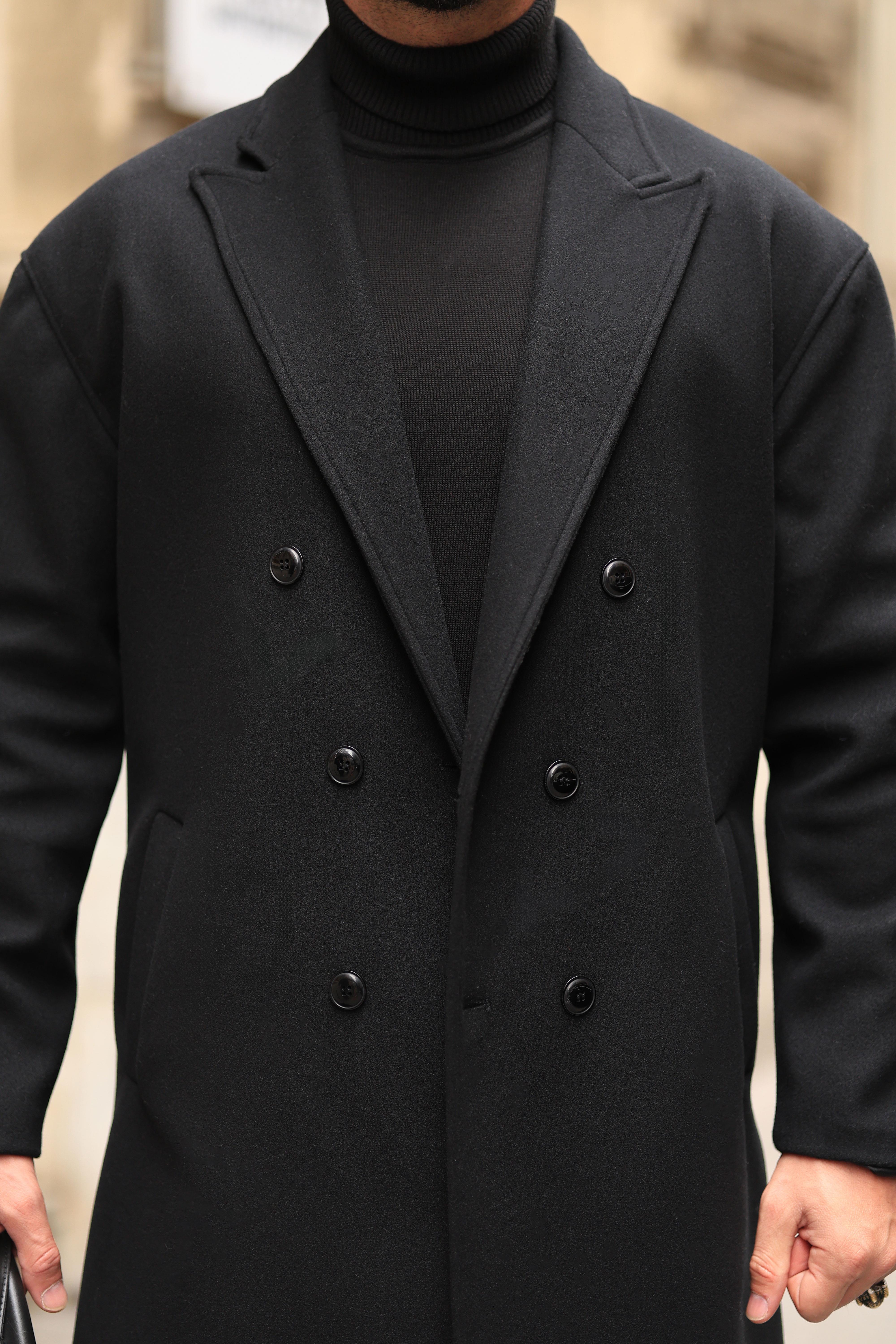 Premium Kalite Siyah Özel Dikim Oversize Kaşe Kaban