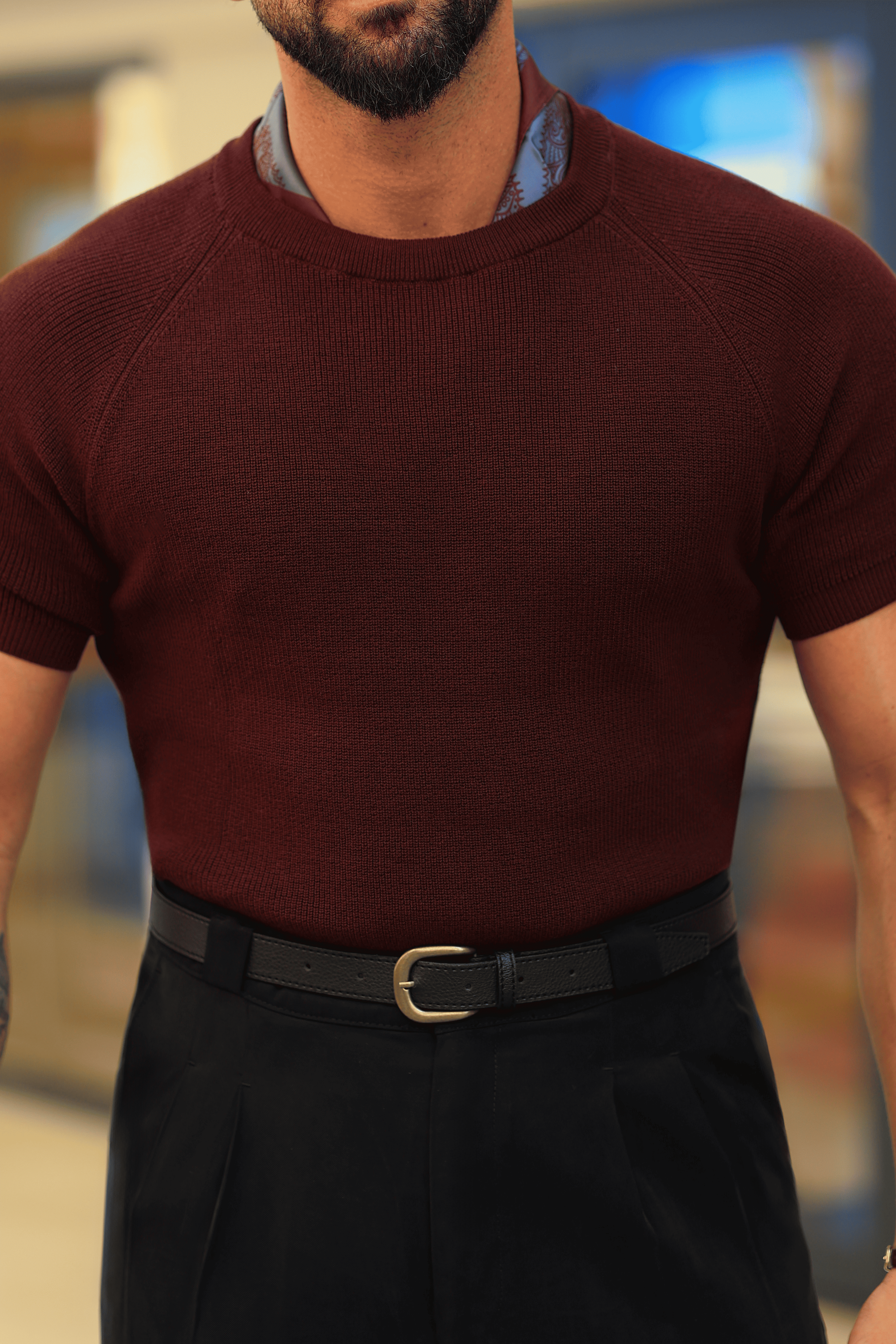 %100 Saf Pamuk Bisiklet Yaka Bordo Regular Fit Triko