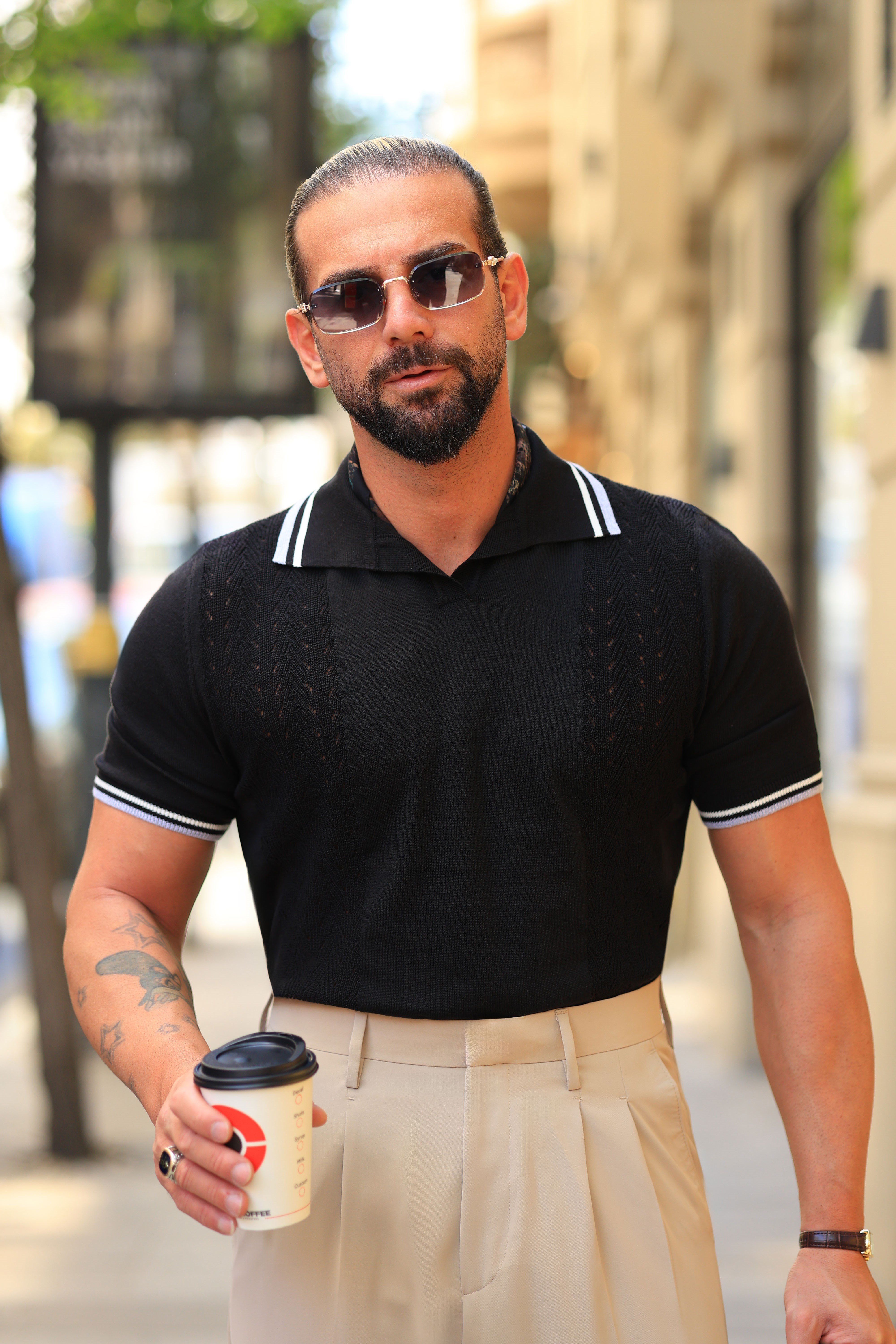 %100 Pamuk İtalyan Yaka Mokeren Siyah Regular Fit Triko