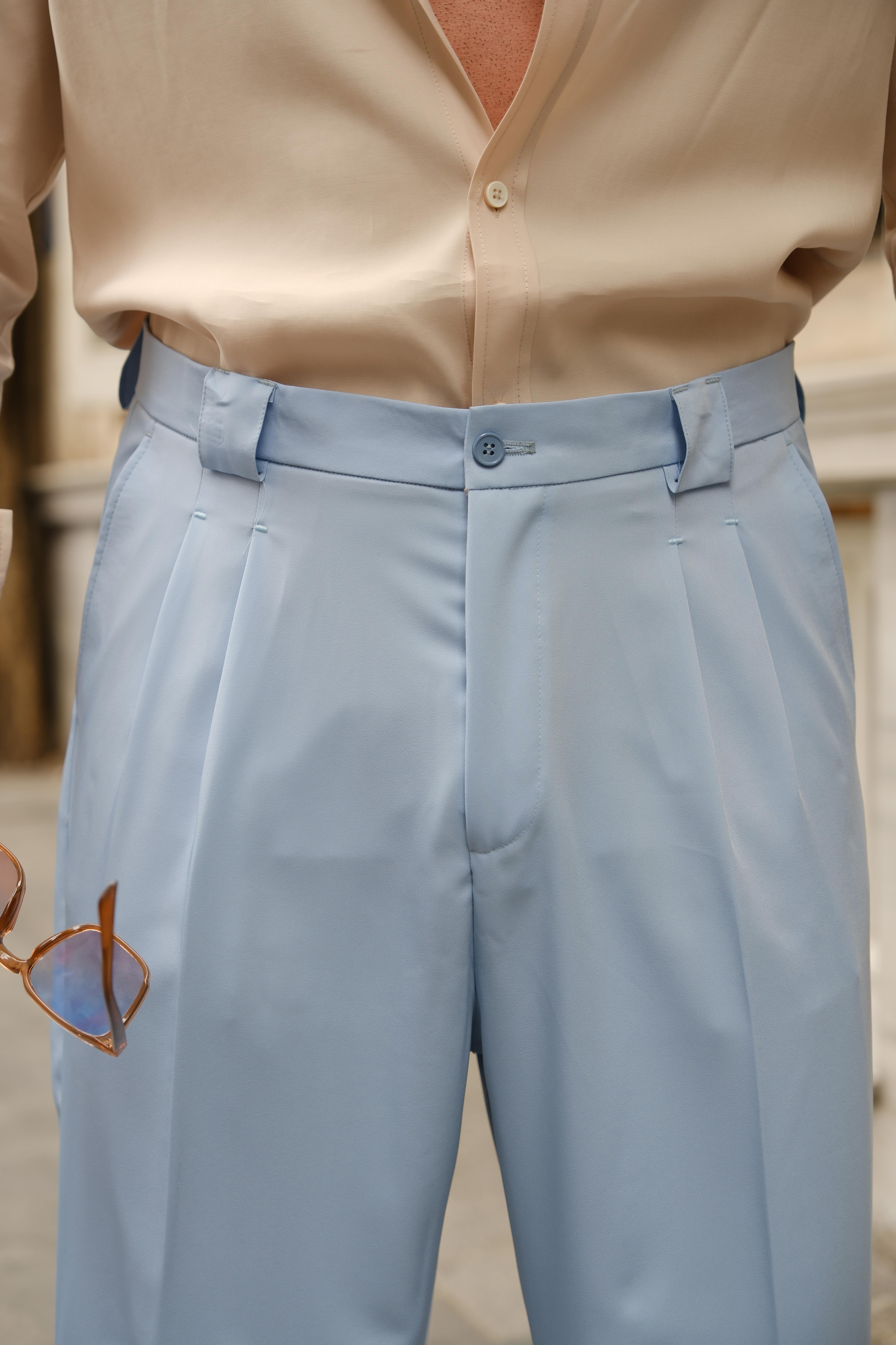 Premium Kalite Bebe Mavi Yüksek Bel Çift Pileli Baggy Pantolon