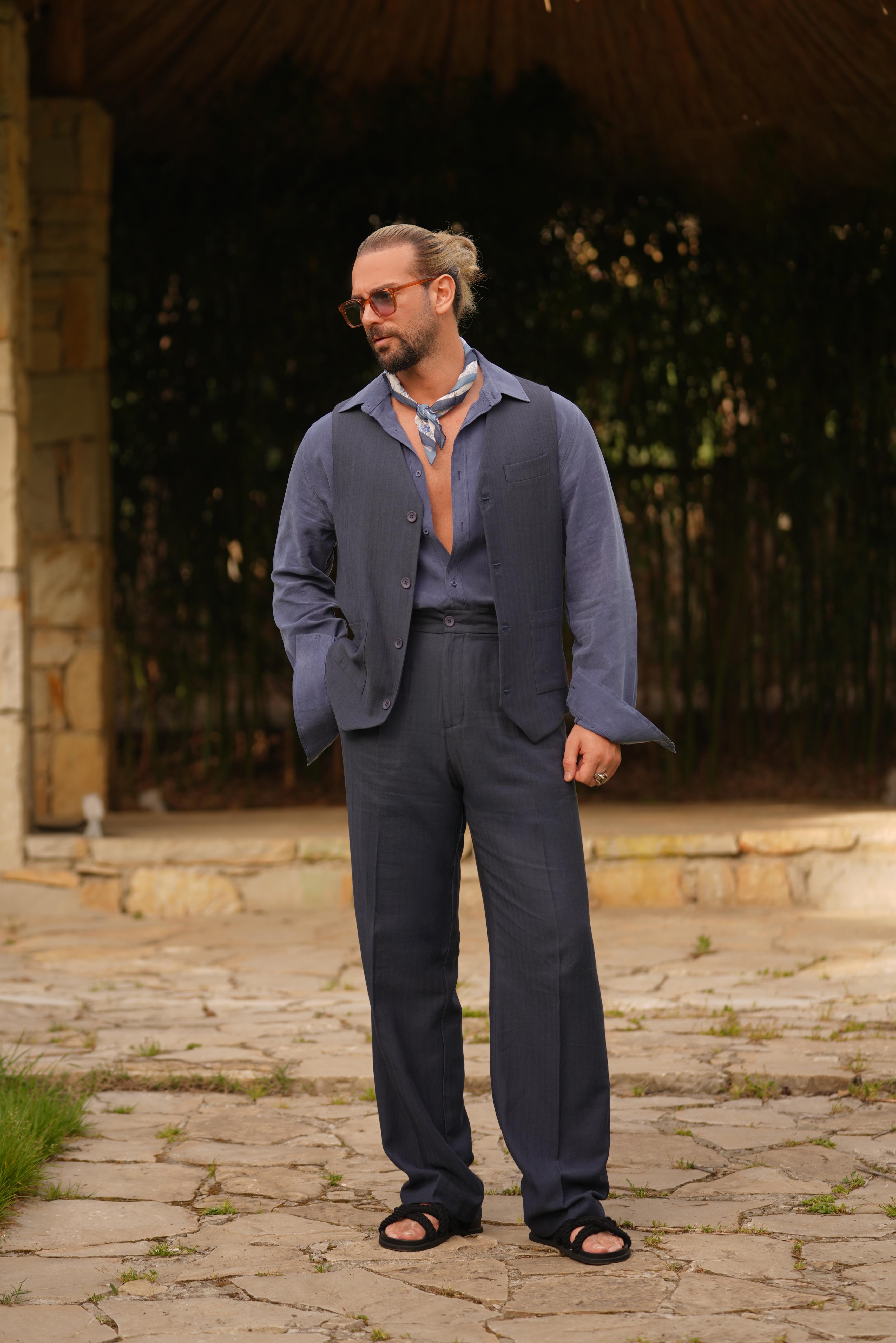 Premium Kalite Lacivert İtalyan Stil Regular Fitt Yelekli Keten Takım