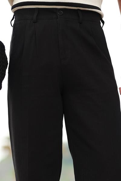 Premium Kalite Siyah %70 Saf Keten %30 Pamuk Çift Pileli Baggy Pantolon