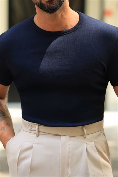Premium Kalite Likralı Ribana Yaka ve Kol Detaylı Lacivert Slim Fit Triko