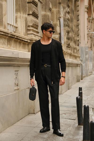 Premium Kalite Siyah İtalyan Style Double Paça Detay Yüksek Bel Pantolon