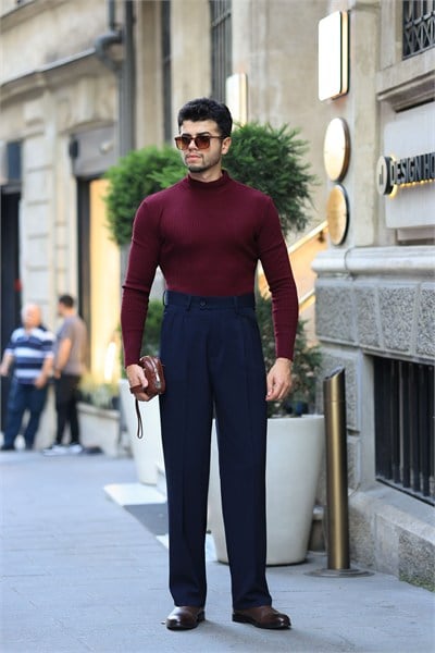 1.Kalite Lacivert Tek Düğme Detay Çift Pileli Casual  Baggy Pantolon