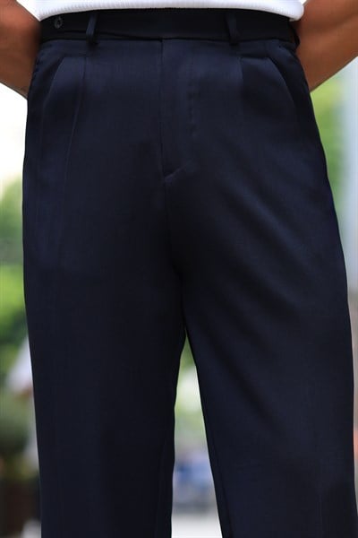 1.Kalite Lacivert Çift Pileli Kemer Detaylı Casual Baggy Pantolon