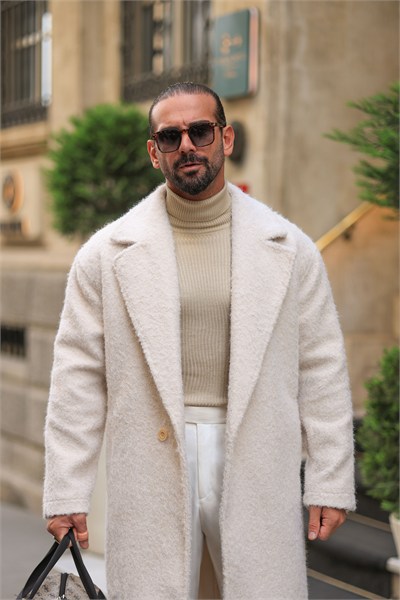 Premium Ekru %60 Yün %40 Pamuk Oversize Tek Düğme Detay Kaban