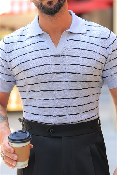 %70 Pamuk %30 Viskon İtalyan Yaka Gri Çizgi Detay Regular Fit Triko
