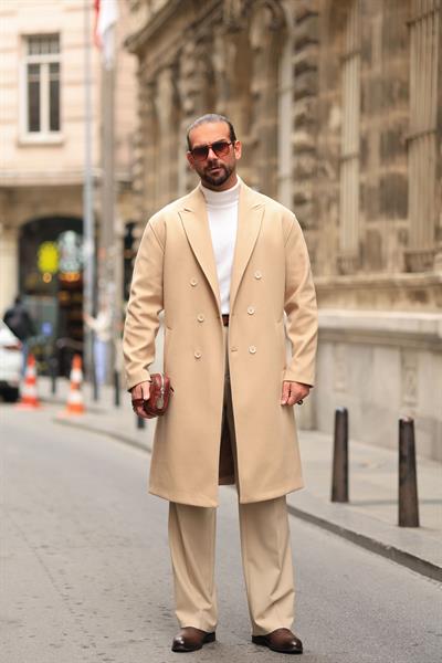 Premium Kalite Bej Özel Dikim Oversize Kaşe Kaban