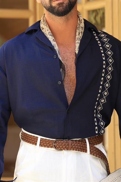 Premium Kalite %70 Saf Keten %30 Pamuk Nakış Detaylı Lacivert Gömlek