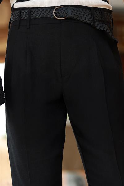 1. Kalite Çift Köprü Siyah Keten Pantolon