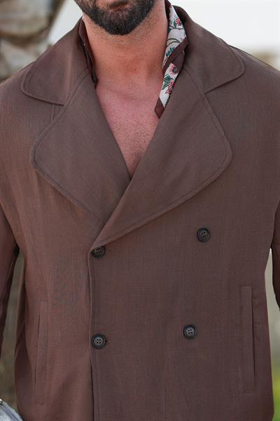 Premium Kalite Kahverengi %70 Saf Keten %30 Pamuk Regular Fit Kruvaze Ceket Yaka Gömlek