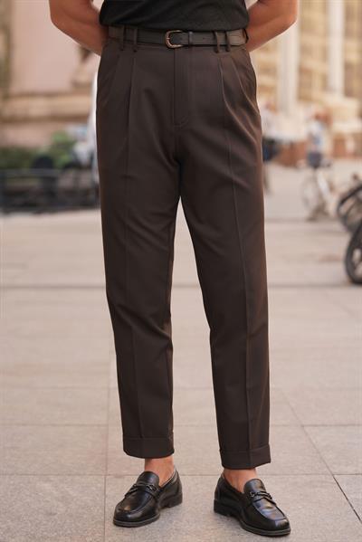 Premium Kalite Kahverengi İtalyan Kalıp Çift Köprü Çift Pile Detay Yüksek Bel Pantolon