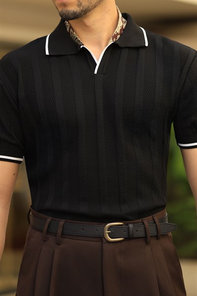 Premium Kalite Şerit Detaylı Siyah Regular Fit Triko