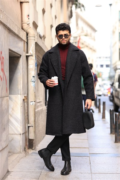 Premium Kalite Siyah %60 Yün %40 Pamuk Oversize Tek Düğme Detay Kaban