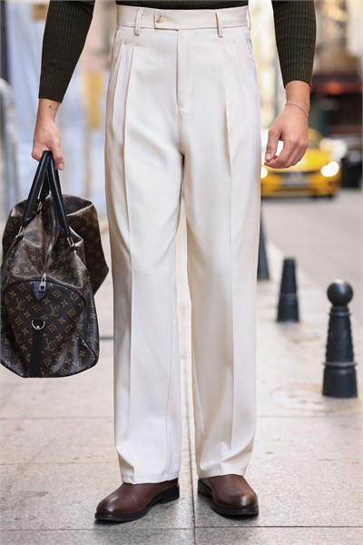 1.Kalite Bej Rengi Tek Düğme Detay Çift Pileli Casual  Baggy Pantolon
