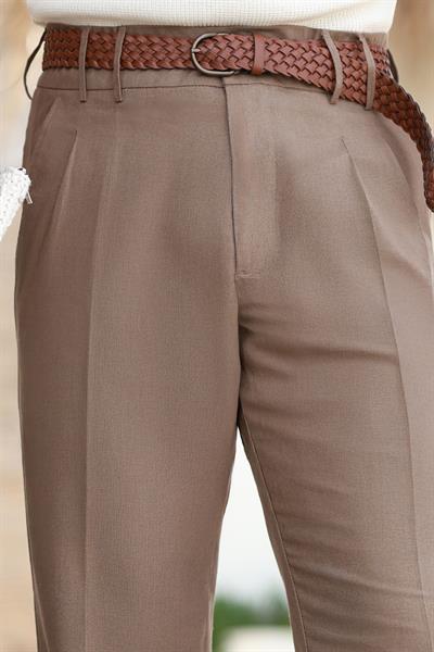 1. Kalite Çift Köprü Kahverengi Keten Pantolon