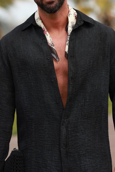 Premium Kalite Siyah %70 Saf Keten %30 Pamuk Oversize Keten Takım