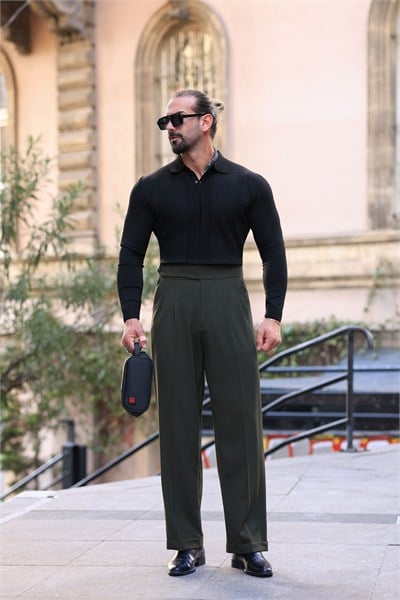 Premium Kalite Haki Yandan Kemer Detay Double Paça Baggy Pantolon