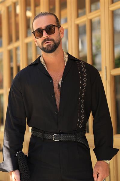 Premium Kalite %70 Saf Keten %30 Pamuk Nakış Detaylı Siyah Gömlek