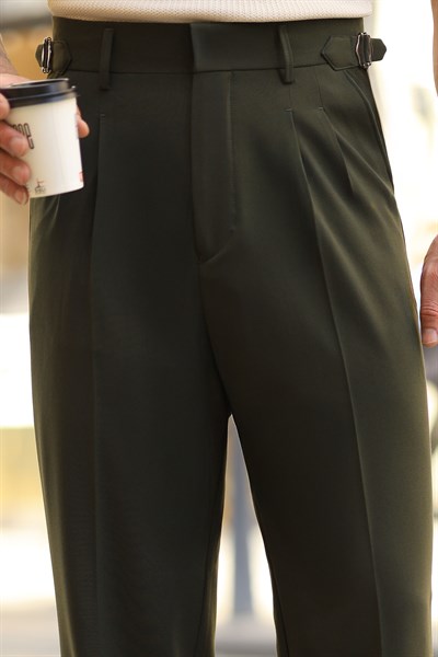 1. Kalite Haki Çift Pileli Yüksek Bel Yandan Kanca Detay Pantolon