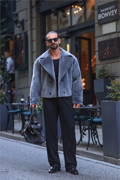 Premium Kalite Antrasit Oversize Kruvaze Krop Fox Ceket