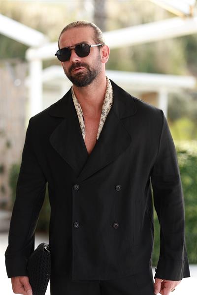 Premium Kalite Siyah %70 Saf Keten %30 Pamuk Regular Fit Kruvaze Ceket Yaka Gömlek