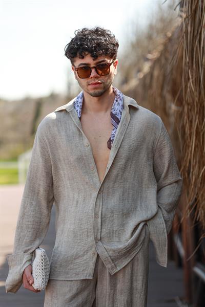 Premium Kalite Bej %70 Saf Keten %30 Pamuk Oversize Keten Takım