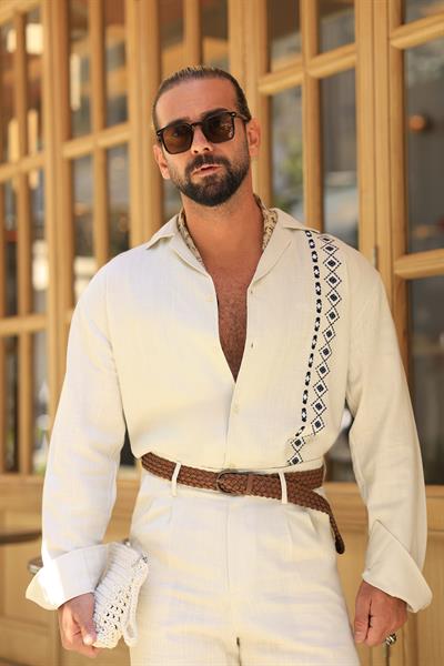 Premium Kalite %70 Saf Keten %30 Pamuk Nakış Detaylı Bej Gömlek