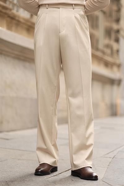 1.Kalite Bej Rengi Çift Pileli Kemer Detaylı Casual Baggy Pantolon