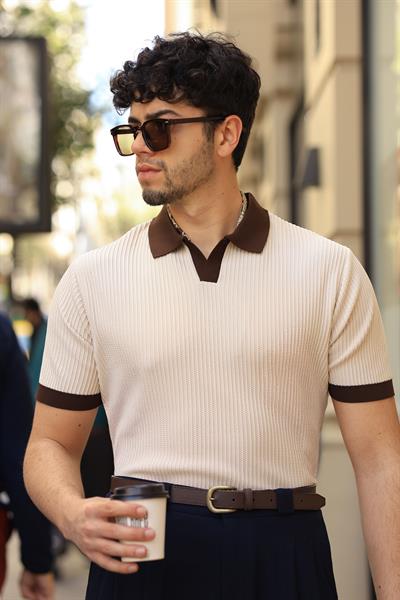 1.Kalite İtalyan Yaka %70 Pamuk %30 Viskon Casual Bej Dokuma Triko