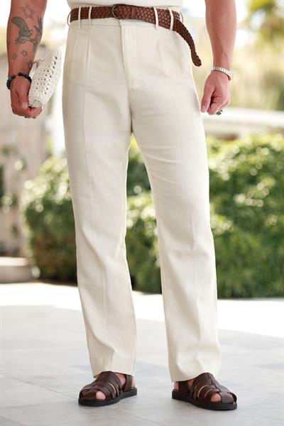 1. Kalite Çift Köprü Taş Rengi Keten Pantolon