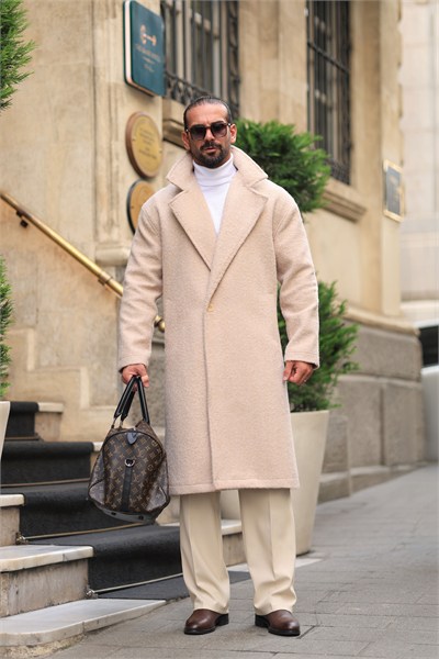 Premium Bej Rengi %60 Yün %40 Pamuk Oversize Tek Düğme Detay Kaban