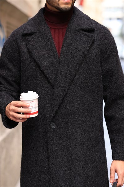 Premium Kalite Siyah %60 Yün %40 Pamuk Oversize Tek Düğme Detay Kaban