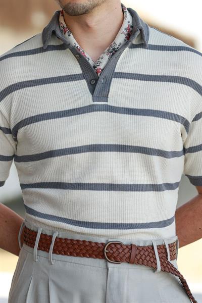 Premium Kalite Gri Şerit Detay %70 Pamuk %30 Keten Relax Fit Triko