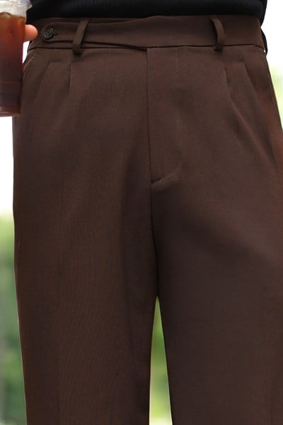 1.Kalite Kahverengi Çift Pileli Kemer Detaylı Casual Baggy Pantolon