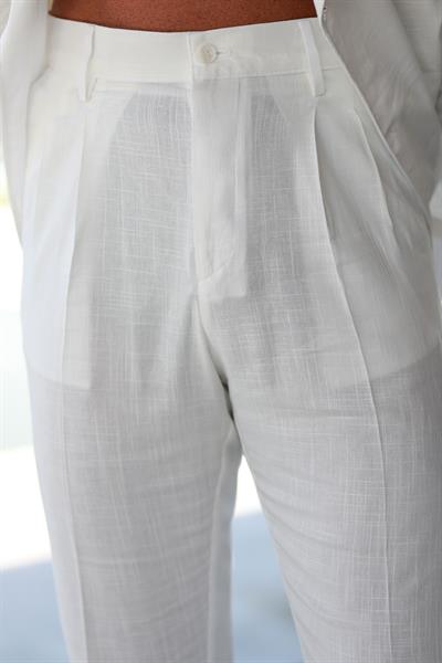 Premium Kalite Ekru %70 Saf Keten %30 Pamuk Regular Fit Kruvaze Takım
