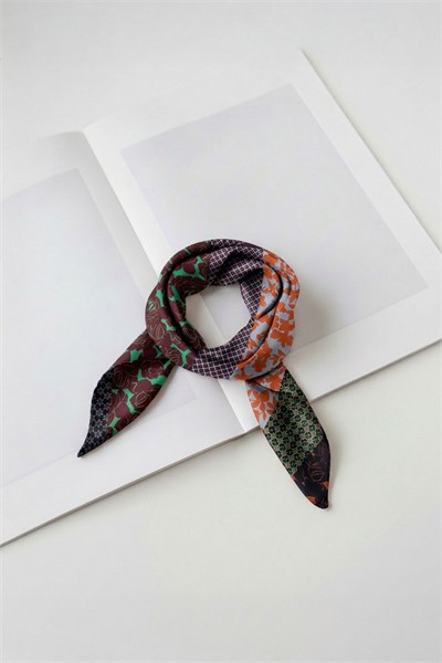 Bordo Yeşil Patchwork Desenli Fular