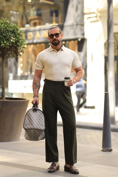 1. Kalite Haki Çift Pileli Yüksek Bel Yandan Kanca Detay Pantolon