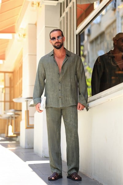 Premium Kalite Haki %70 Saf Keten %30 Pamuk Oversize Keten Takım