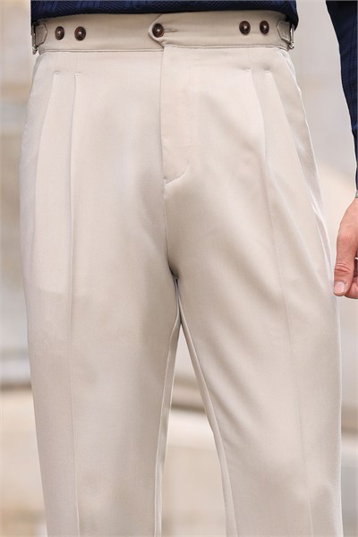Premium Kalite Bej Rengi Tailor Style İtalyan Kalıp 5 Düğme Detay Pantolon