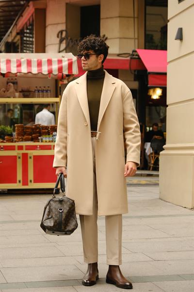 Premium Kalite Bej Rengi %90 Pamuk %10 Cashmere Oversize Kemer Detaylı Özel Tasarım Kaban