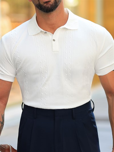 Premium Kalite Örgü ve Düğme Detay Ekru Regular Fit Triko