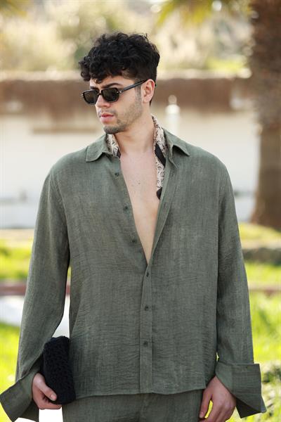 Premium Kalite Haki %70 Saf Keten %30 Pamuk Oversize Keten Takım