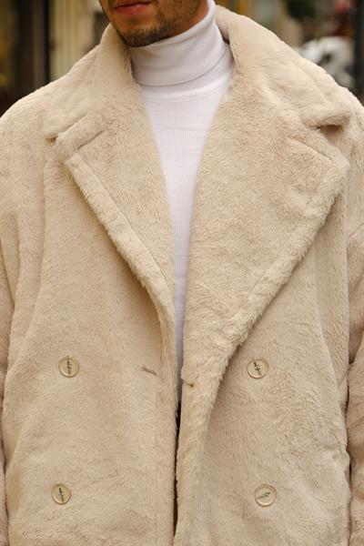 Premium Kalite Oversize Bej Rengi Tavşan Tüyü Astarlı Kruvaze Ceket