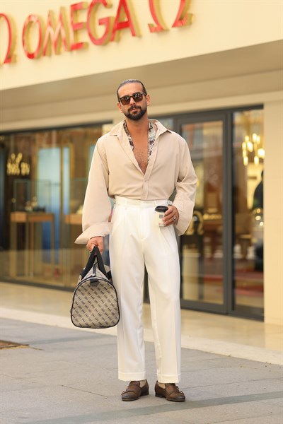 1. Kalite Ekru Çift Pileli Yüksek Bel Yandan Kanca Detay Pantolon