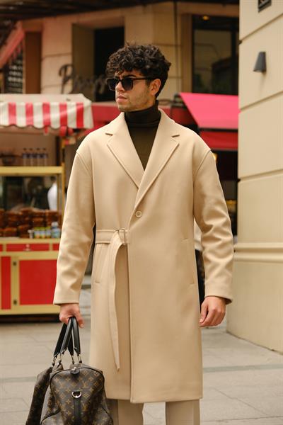 Premium Kalite Bej Rengi %90 Pamuk %10 Cashmere Oversize Kemer Detaylı Özel Tasarım Kaban